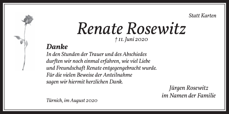 Traueranzeige für Renate Rosewitz vom 14.08.2020 aus  Werbepost 
