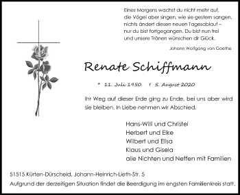 Anzeige von Renate Schiffmann von Kölner Stadt-Anzeiger / Kölnische Rundschau / Express