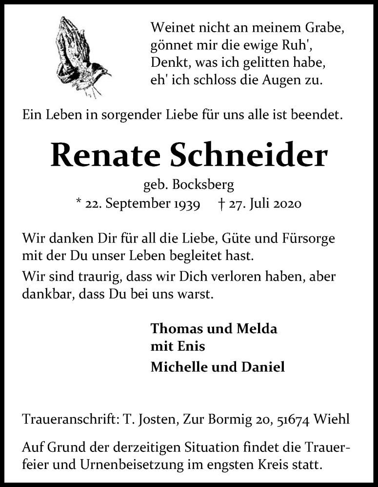  Traueranzeige für Renate Schneider vom 01.08.2020 aus Kölner Stadt-Anzeiger / Kölnische Rundschau / Express