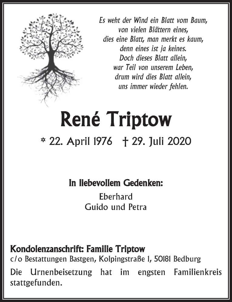  Traueranzeige für René Triptow vom 14.08.2020 aus  Werbepost 