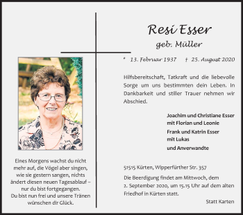 Anzeige von Resi Esser von Kölner Stadt-Anzeiger / Kölnische Rundschau / Express