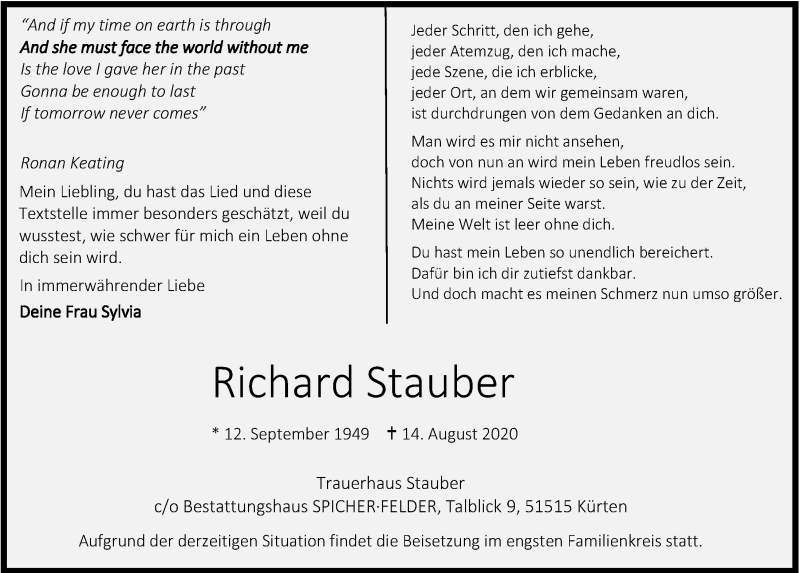  Traueranzeige für Richard Stauber vom 21.08.2020 aus  Wochenende 
