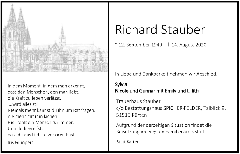  Traueranzeige für Richard Stauber vom 21.08.2020 aus  Wochenende 