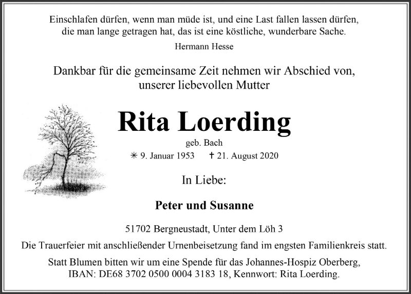  Traueranzeige für Rita Loerding vom 28.08.2020 aus  Anzeigen Echo 