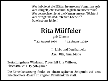 Anzeige von Rita Müffeler von Kölner Stadt-Anzeiger / Kölnische Rundschau / Express