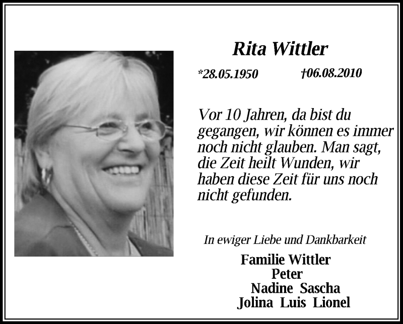  Traueranzeige für Rita Wittler vom 06.08.2020 aus Kölner Stadt-Anzeiger / Kölnische Rundschau / Express