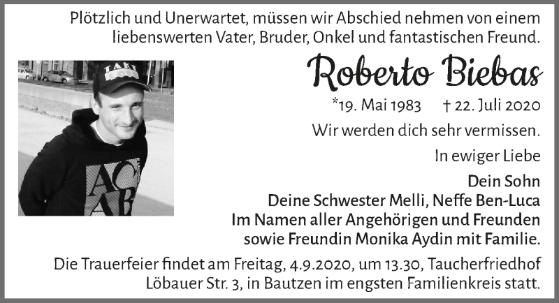  Traueranzeige für Roberto Biebas vom 28.08.2020 aus  Bergisches Handelsblatt 