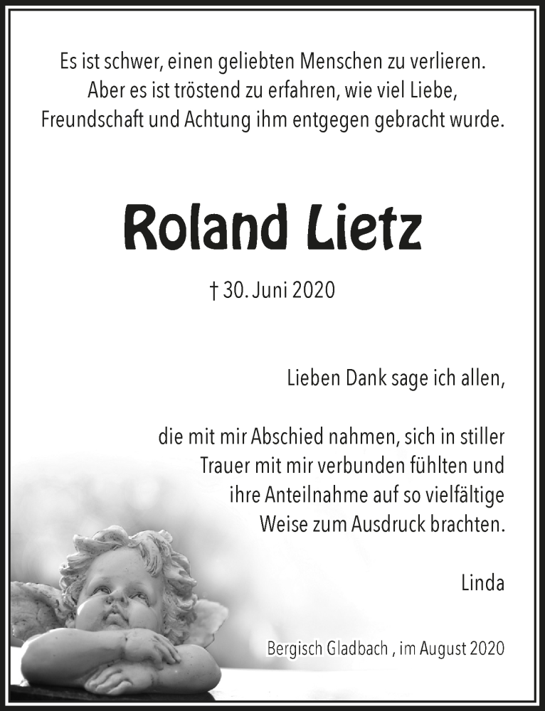  Traueranzeige für Roland Lietz vom 14.08.2020 aus  Bergisches Handelsblatt 