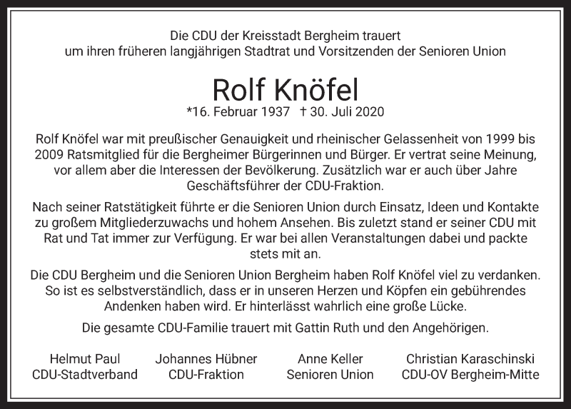  Traueranzeige für Rolf Knöfel vom 14.08.2020 aus  Werbepost 
