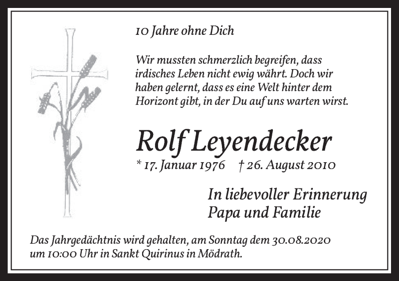  Traueranzeige für Rolf Leyendecker vom 21.08.2020 aus  Werbepost 