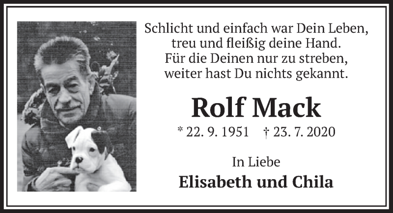  Traueranzeige für Rolf Mack vom 07.08.2020 aus  Schlossbote/Werbekurier 