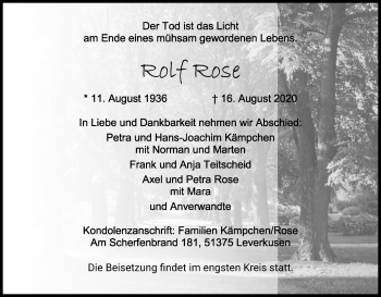 Anzeige von Rolf Rose von Kölner Stadt-Anzeiger / Kölnische Rundschau / Express