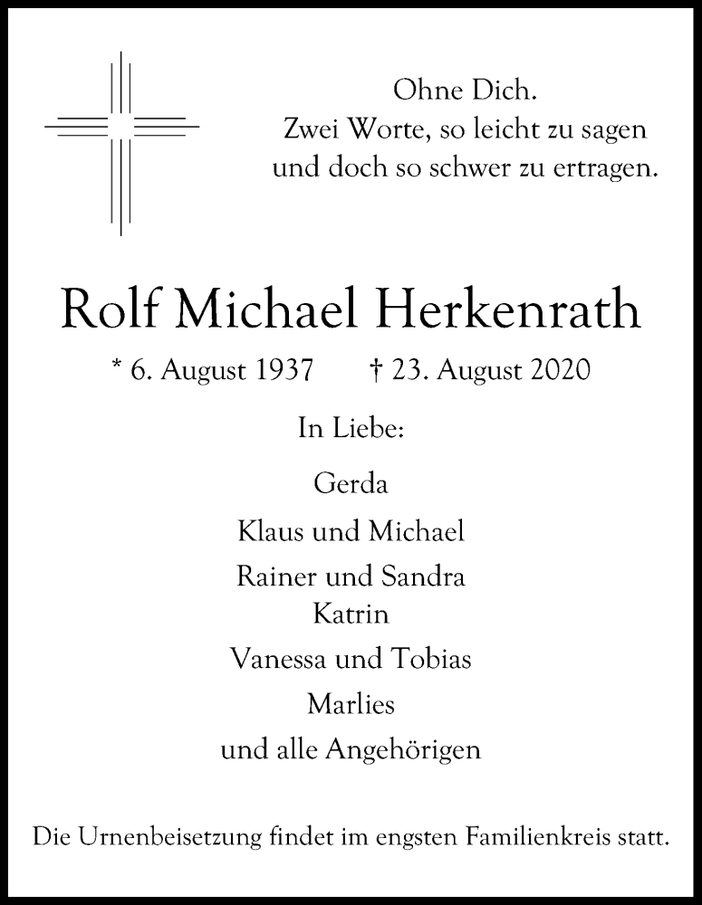  Traueranzeige für Rolf Michael Herkenrath vom 29.08.2020 aus Kölner Stadt-Anzeiger / Kölnische Rundschau / Express