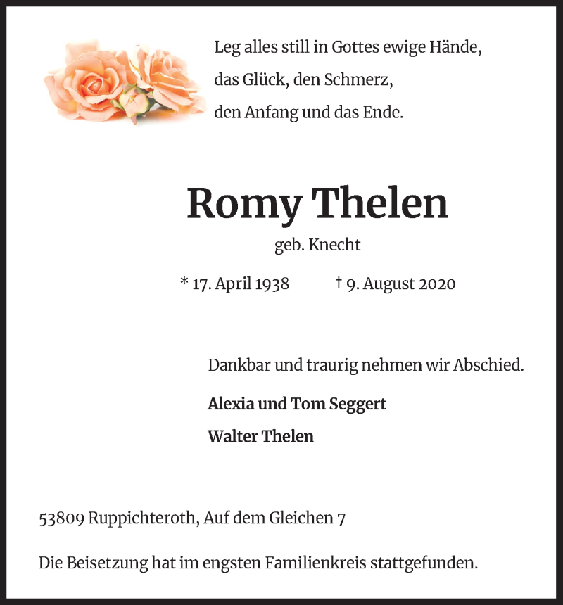  Traueranzeige für Romy Thelen vom 22.08.2020 aus Kölner Stadt-Anzeiger / Kölnische Rundschau / Express