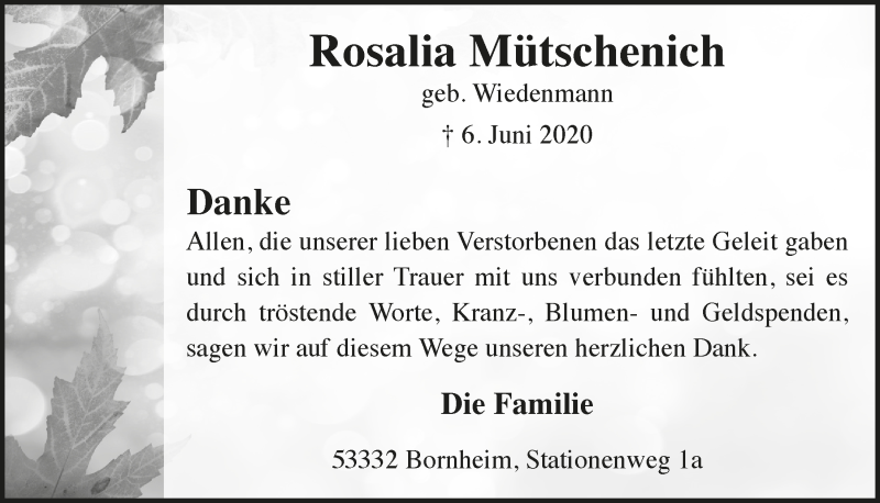  Traueranzeige für Rosalia Mütschenich vom 07.08.2020 aus  Schaufenster/Blickpunkt 