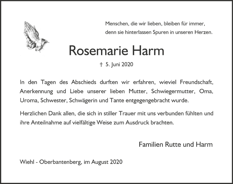  Traueranzeige für Rosemarie Harm vom 21.08.2020 aus  Anzeigen Echo 