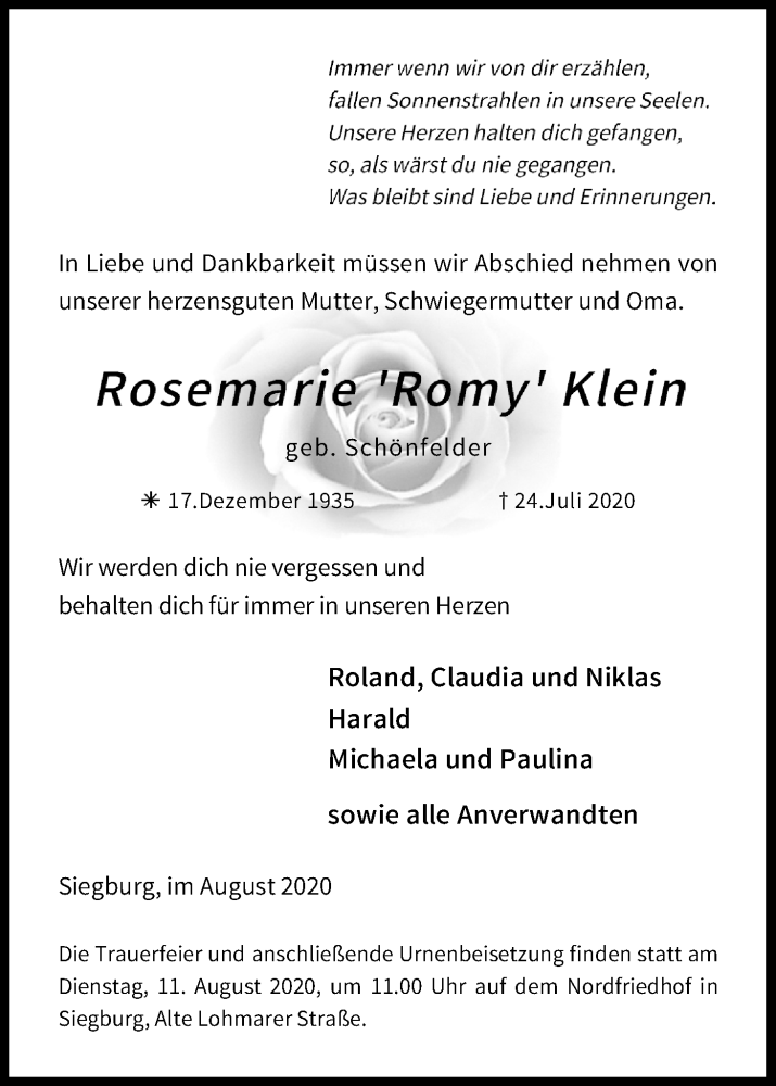  Traueranzeige für Rosemarie  Klein vom 06.08.2020 aus Kölner Stadt-Anzeiger / Kölnische Rundschau / Express