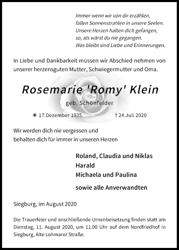 Anzeige von Rosemarie  Klein von Kölner Stadt-Anzeiger / Kölnische Rundschau / Express