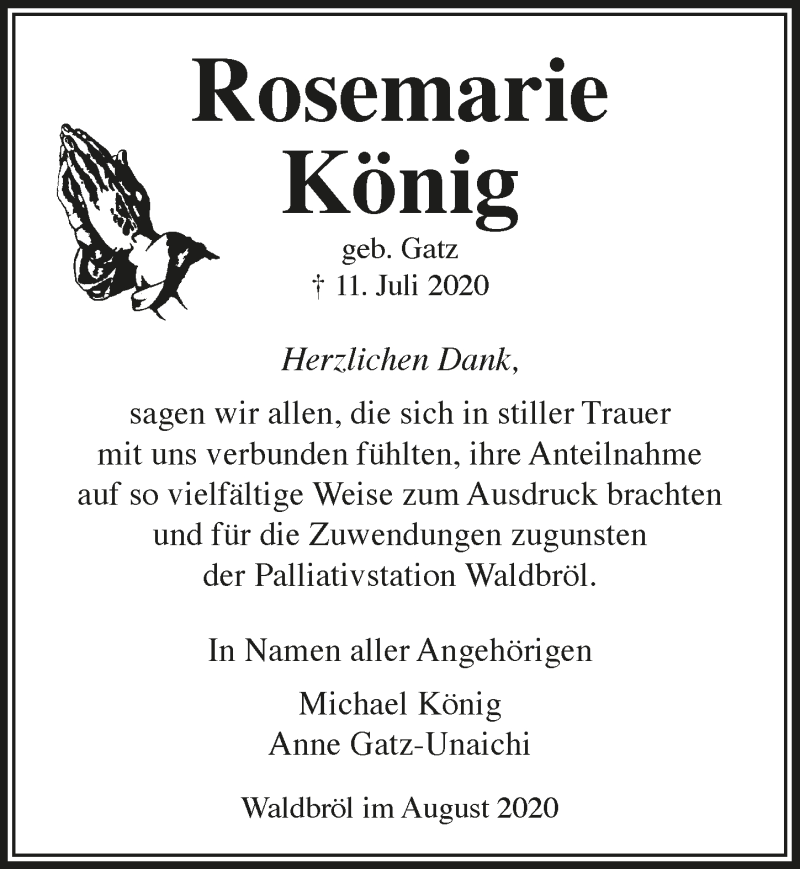  Traueranzeige für Rosemarie König vom 21.08.2020 aus  Lokalanzeiger 