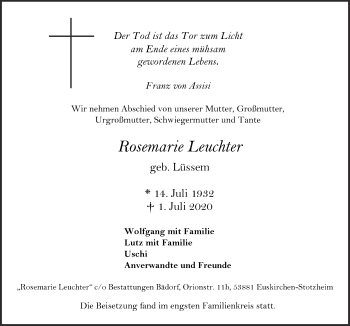 Anzeige von Rosemarie Leuchter von  Blickpunkt Euskirchen 