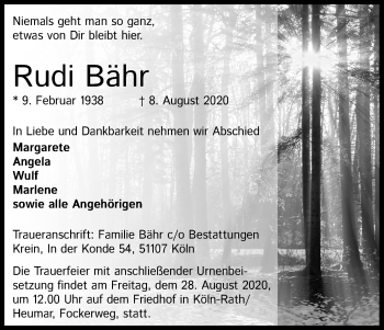 Anzeige von Rudi Bähr von Kölner Stadt-Anzeiger / Kölnische Rundschau / Express