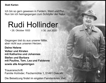 Anzeige von Rudi Hollinder von Kölner Stadt-Anzeiger / Kölnische Rundschau / Express