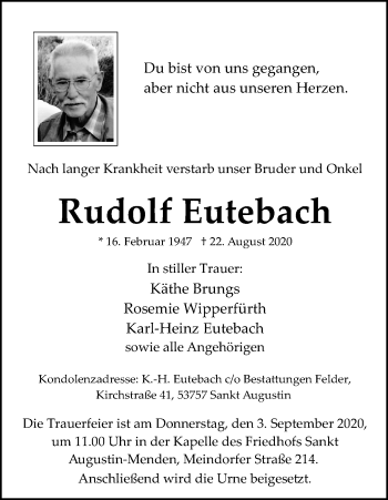 Anzeige von Rudolf Eutebach von Kölner Stadt-Anzeiger / Kölnische Rundschau / Express