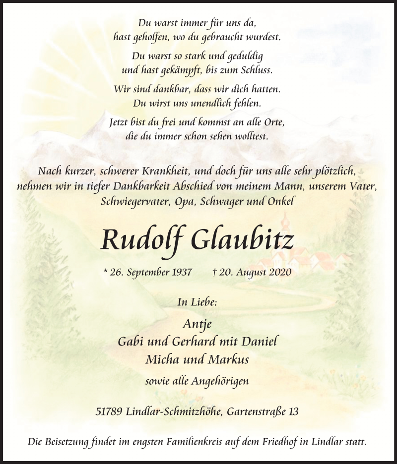  Traueranzeige für Rudolf Glaubitz vom 29.08.2020 aus Kölner Stadt-Anzeiger / Kölnische Rundschau / Express