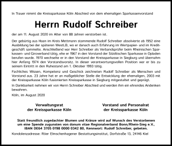 Anzeige von Rudolf Schreiber von Kölner Stadt-Anzeiger / Kölnische Rundschau / Express