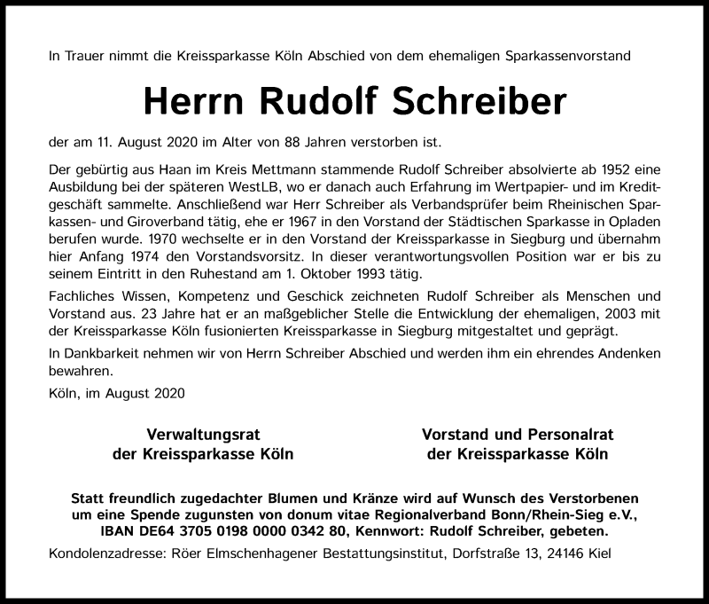  Traueranzeige für Rudolf Schreiber vom 29.08.2020 aus Kölner Stadt-Anzeiger / Kölnische Rundschau / Express