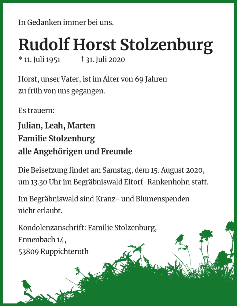  Traueranzeige für Rudolf Horst Stolzenburg vom 08.08.2020 aus Kölner Stadt-Anzeiger / Kölnische Rundschau / Express