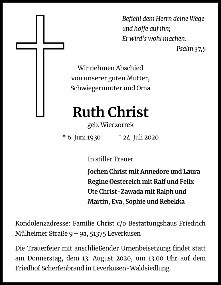 Traueranzeige für Ruth Christ vom 01.08.2020 aus Kölner Stadt-Anzeiger / Kölnische Rundschau / Express