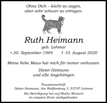 Anzeige von Ruth Heimann von Kölner Stadt-Anzeiger / Kölnische Rundschau / Express