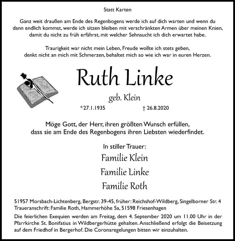  Traueranzeige für Ruth Linke vom 29.08.2020 aus Kölner Stadt-Anzeiger / Kölnische Rundschau / Express