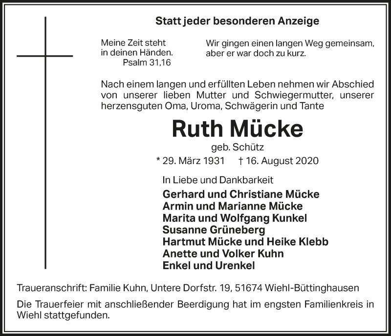  Traueranzeige für Ruth Mücke vom 21.08.2020 aus  Anzeigen Echo 