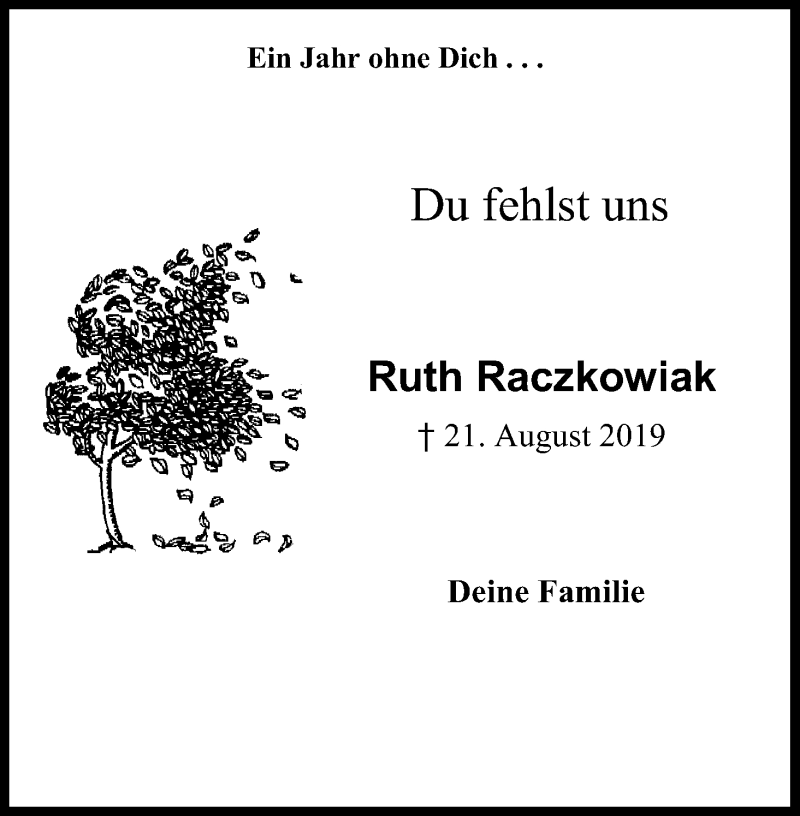  Traueranzeige für Ruth Raczkowiak vom 21.08.2020 aus Kölner Stadt-Anzeiger / Kölnische Rundschau / Express