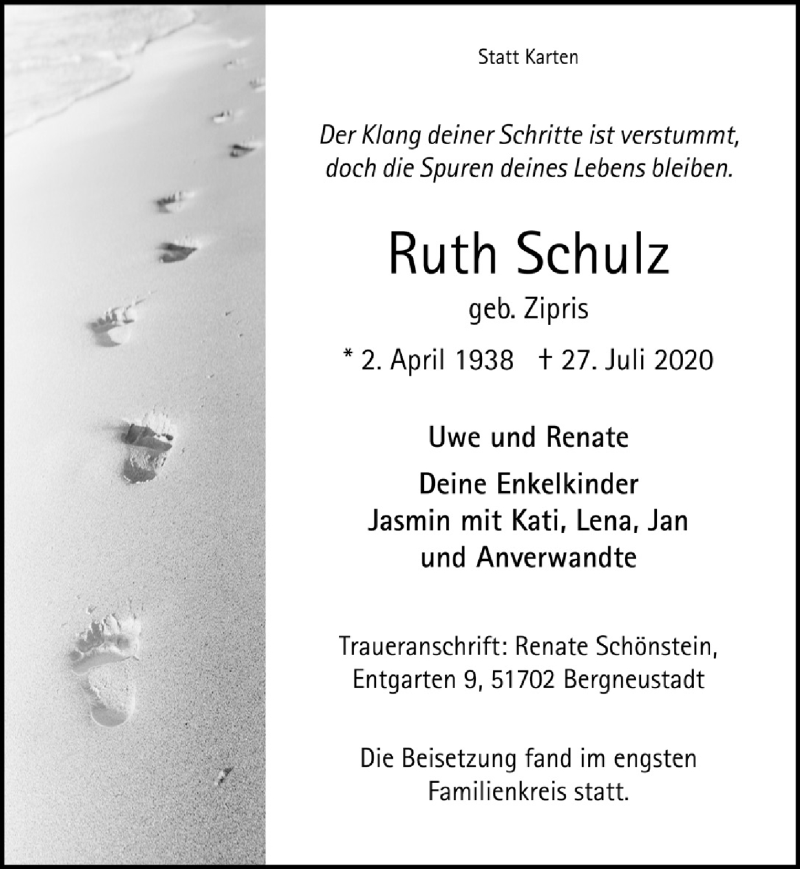  Traueranzeige für Ruth Schulz vom 07.08.2020 aus  Anzeigen Echo 