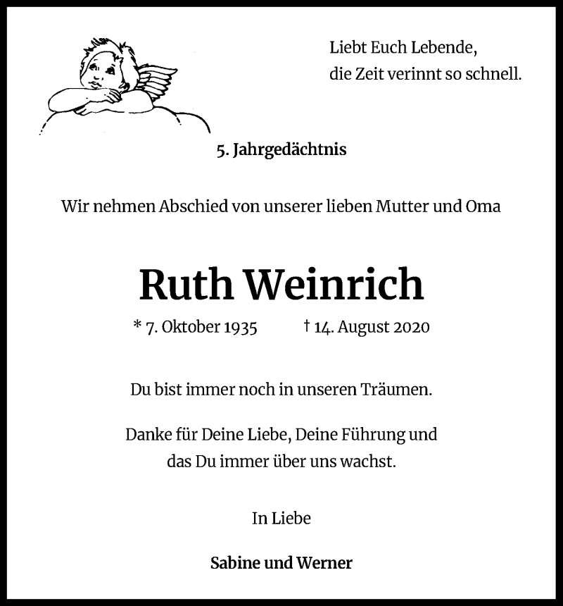  Traueranzeige für Ruth Weinrich vom 15.08.2020 aus Kölner Stadt-Anzeiger / Kölnische Rundschau / Express