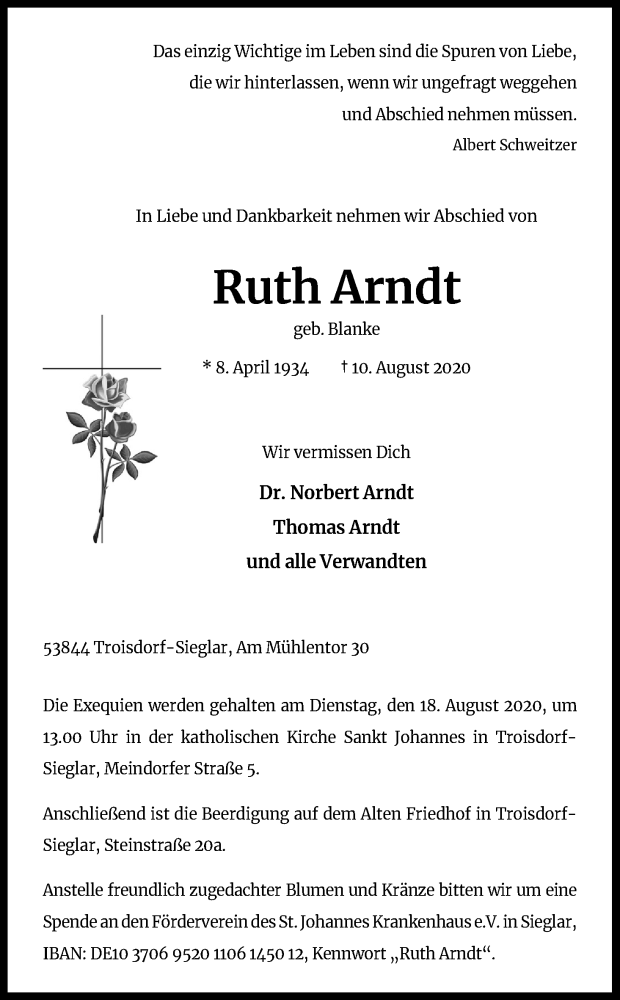  Traueranzeige für RuthArndt Arndt vom 15.08.2020 aus Kölner Stadt-Anzeiger / Kölnische Rundschau / Express