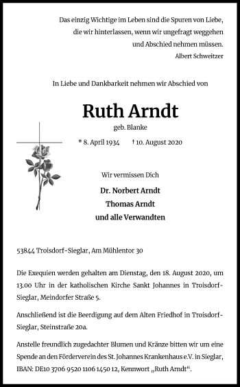 Anzeige von RuthArndt Arndt von Kölner Stadt-Anzeiger / Kölnische Rundschau / Express