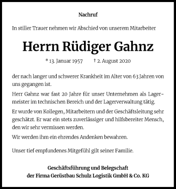 Anzeige von Rüdiger Gahnz von Kölner Stadt-Anzeiger / Kölnische Rundschau / Express
