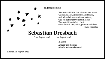 Anzeige von Sebastian Dresbach von Kölner Stadt-Anzeiger / Kölnische Rundschau / Express