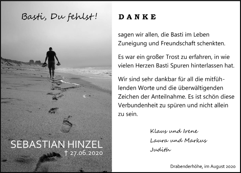  Traueranzeige für Sebastian Hinzel vom 07.08.2020 aus  Anzeigen Echo 