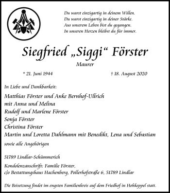 Anzeige von Siegfried Förster von Kölner Stadt-Anzeiger / Kölnische Rundschau / Express
