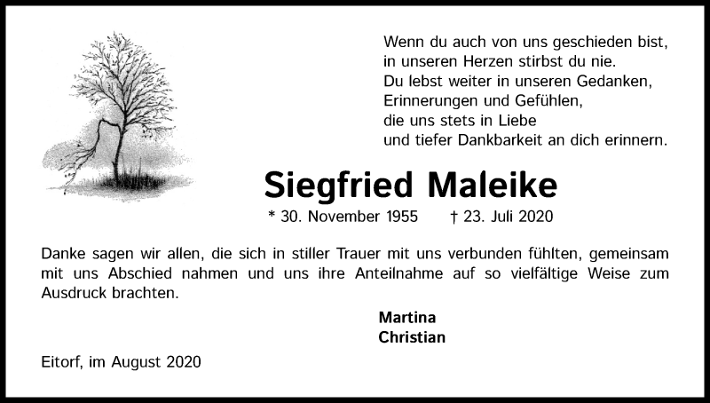  Traueranzeige für Siegfried Maleike vom 22.08.2020 aus Kölner Stadt-Anzeiger / Kölnische Rundschau / Express