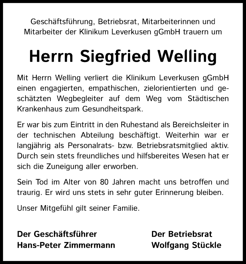  Traueranzeige für Siegfried Welling vom 05.08.2020 aus Kölner Stadt-Anzeiger / Kölnische Rundschau / Express