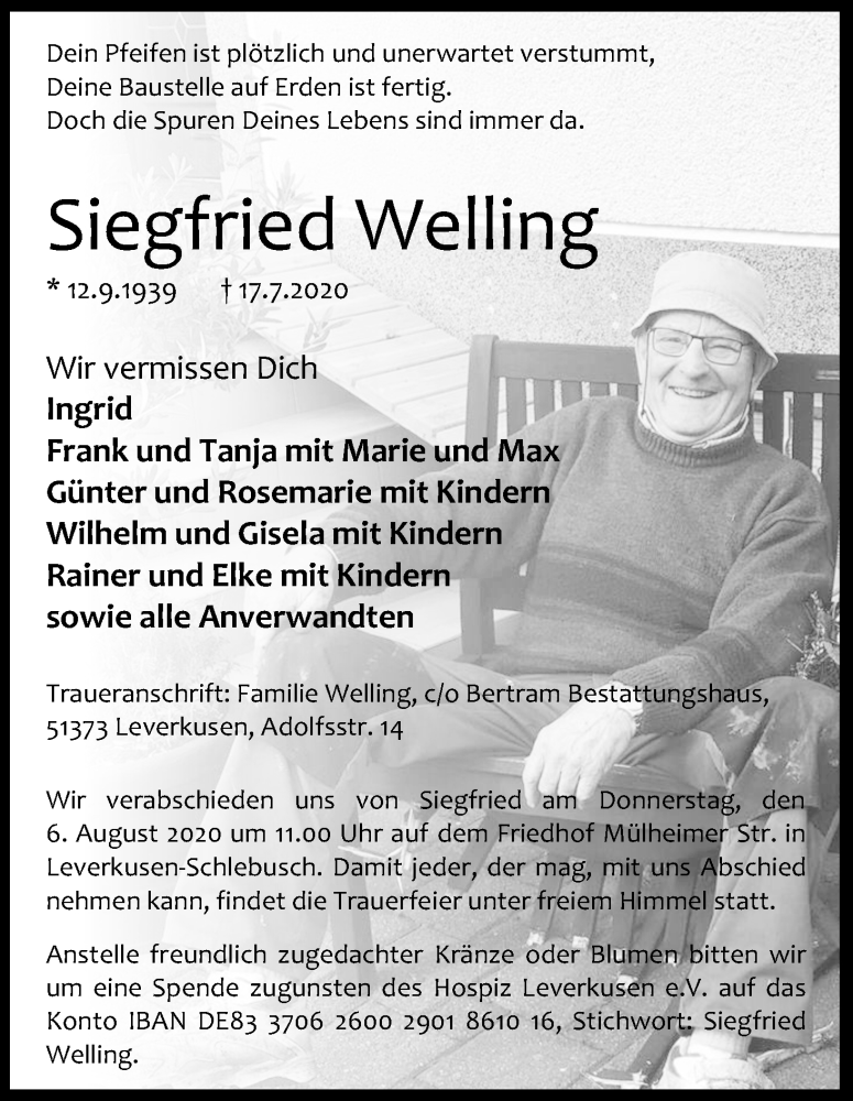  Traueranzeige für Siegfried Welling vom 01.08.2020 aus Kölner Stadt-Anzeiger / Kölnische Rundschau / Express