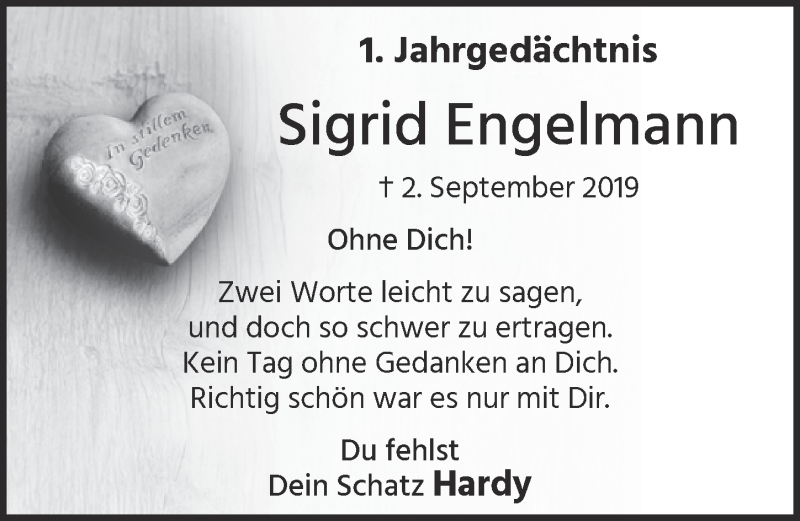  Traueranzeige für Sigrid Engelmann vom 28.08.2020 aus  Kölner Wochenspiegel 