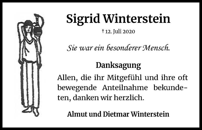  Traueranzeige für Sigrid Winterstein vom 22.08.2020 aus Kölner Stadt-Anzeiger / Kölnische Rundschau / Express