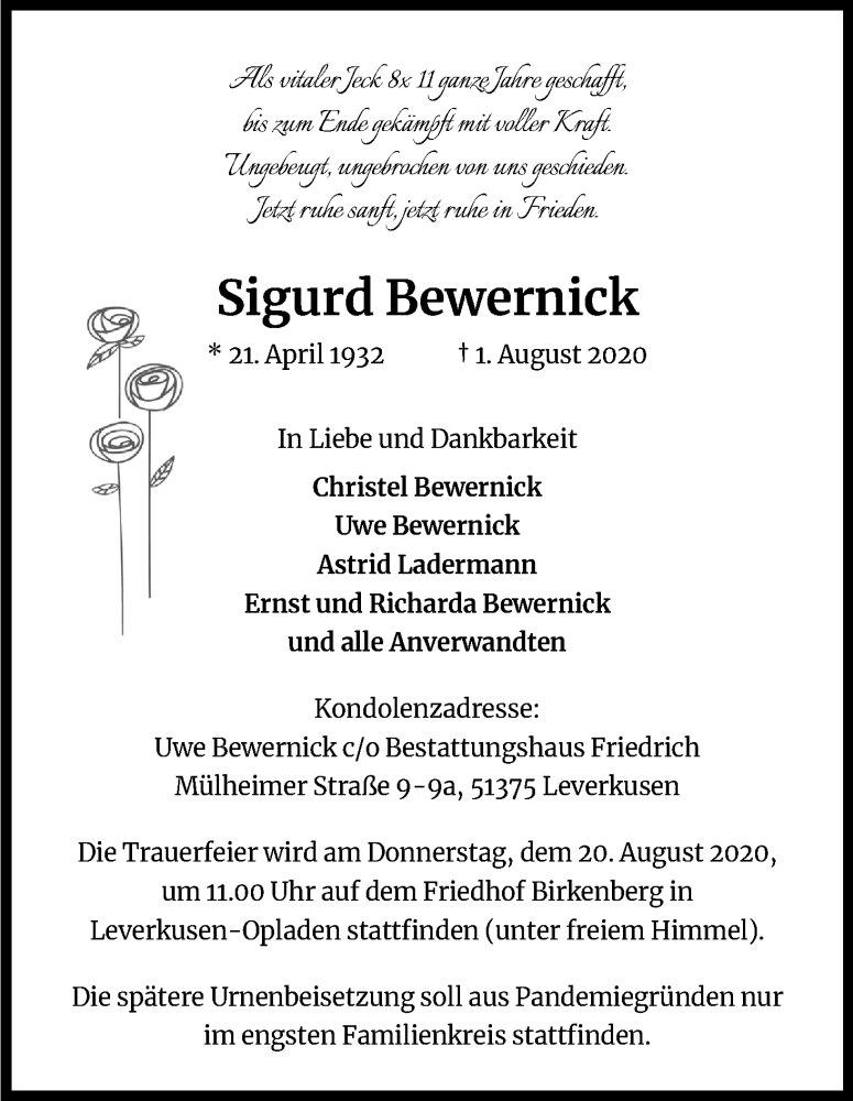  Traueranzeige für Sigurd Bewernick vom 08.08.2020 aus Kölner Stadt-Anzeiger / Kölnische Rundschau / Express
